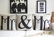 Set of 3 Words Mr and Mrs Print Decorative Pillows 45CMx45CM Linen Throw Puillows For Long Couch