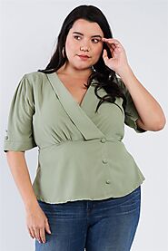 Plus Size V-neck Mock Side Button Peplum Top – JoinWear