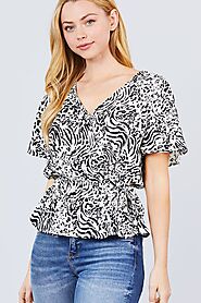 Ruffle Short Sleeve V-neck Surplice Side Ribbon Tie Woven Top – JoinWear