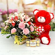 Flower Basket with Teddy and Ferrero Rocher