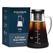 Airtight Cold Brew Iced Coffee Maker and Tea Infuser with Spout - 1.0L / 34oz Ovalware RJ3 Brewing Glass Carafe with ...
