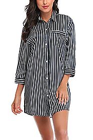 Memory baby Women's Boyfriend Sleep Shirt Dress Striped Button Down Nightgown Pajama Duster S-XXL