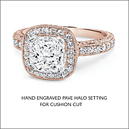 Hand Engraved Pave Halo Setting for Cushion Cut Ring