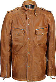 Mens Soft Real Leather Military Jacket Vintage Antique Washed Smart Casual Field Coat