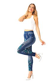 Denim Leggings with Blue Butterfly and Daisy Pattern