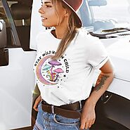 Stay wild moon child women's t-shirt with mushrooms drawing