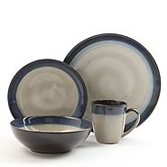 Gibson Couture Bands 16-Piece Dinnerware Set, Blue and Cream