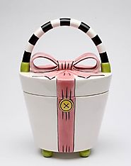 8 1/8 Inch White Purse with Pink Bow and Stripped Handle Cookie Jar