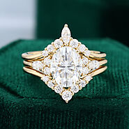 3pcs 7*9mm Oval Moissanite Yellow gold engagement ring set vintage Unique engagement ring women Marquise Cluster wedd...