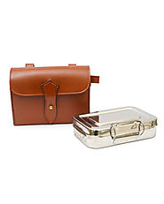 Stainless Steel Fox Hunting Sandwich Tin with Tan Leather Case