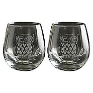 TMD Holdings Etched Owl Stemless Wine Glasses, Set of 2