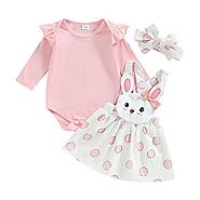 Newborn Baby Girl Pink Bunny Outfit Long Sleeve Romper Rabbit Suspender Skirt Overall Dress Headband My 1st Easter Ou...