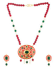 Glamorous Necklace Set With Oval Motif & Green Stones | Buy Designer & Fashion Necklace Sets Online