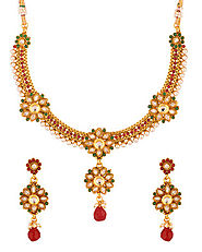 Gold Toned Floral Design Pearl Beads Embedded Necklace Set | Buy Designer & Fashion Necklace Sets Online