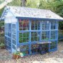 Blue "greenhouse" made from old windows