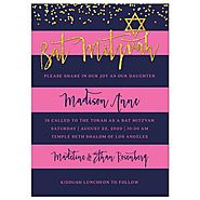 Bat Mitzvah Invitations - Navy & Pink Stripes with Gold Confetti