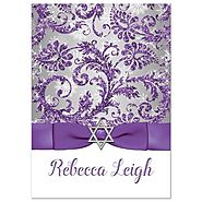 Bat Mitzvah Invitation | Purple, Silver, White Snowflakes 3 | Printed Glitter, Printed Ribbon