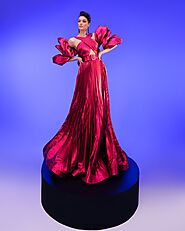 Fouad Sarkis 2808 | Draped Flare, Puffed Sleeves, Long Dress