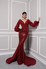 Fouad Sarkis 2372B | V-Neck Beaded Crepe Mermaid Long Dress