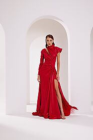 Fouad Sarkis 2764 | Jersey Lameh – High Neck Cut Shoulder Slit