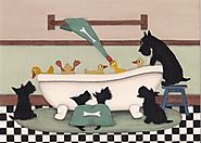 Scotties (scottish terriers) chase a tub full of ducks / Lynch signed folk art print