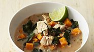 Almond Chicken Soup with Sweet Potato, Collards, and Ginger