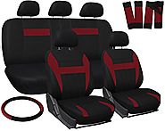 OxGord 17pc Set Flat Cloth Mesh / Red & Black Auto Seat Covers Set - Airbag Compatible - Front Low Back Buckets - 50/...