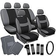 OxGord 21pc Black & Gray Flat Cloth Seat Cover and Carpet Floor Mat Set for the Toyota Camry Coupe, Airbag Compatible...