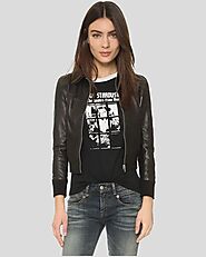 Halle Black Bomber Leather Jacket - NYC Leather Jackets