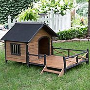 Large Dog House Lodge with Porch Deck Kennels Crates Solid Fir Wood Spacious Deck for Sunny Nap Insulated Keep Rain O...