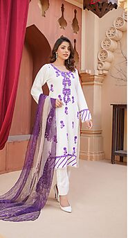 D-2 Embroidered Stone Linen Suit with Chiffon Dupatta - 3 Piece Set – Mahham Collection