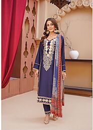 D-3 Embroidered Stone Linen Suit with Chiffon Dupatta - 3 Piece Set – Mahham Collection