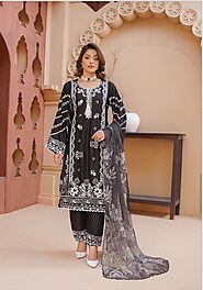 D-4 Embroidered Stone Linen Suit with Chiffon Dupatta - 3 Piece Set – Mahham Collection