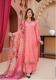 D-5 Embroidered Stone Linen Suit with Chiffon Dupatta - 3 Piece Set – Mahham Collection