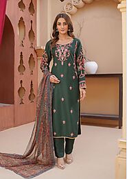 D-6 Embroidered Stone Linen Suit with Chiffon Dupatta - 3 Piece Set – Mahham Collection