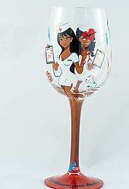 Pretty Brown Girl Wine Glasses With Hand-Painted Nurses- 15oz