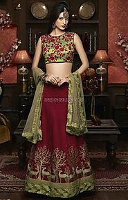 Fascinating Green N Maroon Silk Chaniya Choli For Engagement