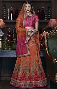 Captivating Pink Silk Choli & Orange Indian Wedding Lehenga