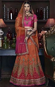 Captivating Pink Silk Choli & Orange Indian Wedding Lehenga