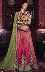 Likeable Green Silk Choli & Peach Georgette Lehenga
