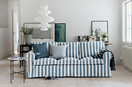 Ektorp sofa in a Mineral Blue Stripe Panama Cotton cover