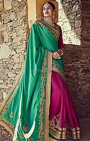 Deddable Green And Pink Embroidered Silk Modern Half Saree