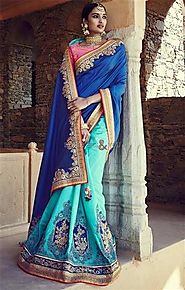 Faciable Blue And Sky Blue Embroidered Silk Half Sari Online