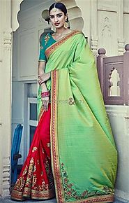 Graceful Green And Red Embroidered Silk Half Saree Online