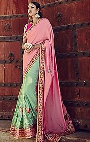 Ravishing Pink And Green Embroidered Silk Half And Half Sari