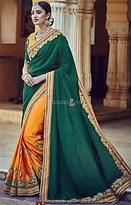 Engaging Green And Yellow Embroidered Silk Half And Half Saree