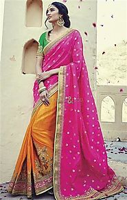 Attractive Pink And Yellow Embroidered Silk Half Sari