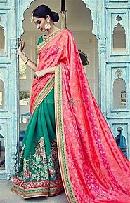 Beautiful Green And Orange Embroidered Silk Half Saree