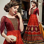 Stunning Orange Embroidered Silk Indian Gown For Party