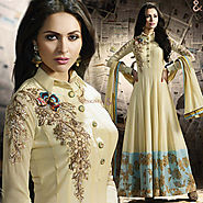 Striking Cream Embroidered Georgette Long Anarkali Dress